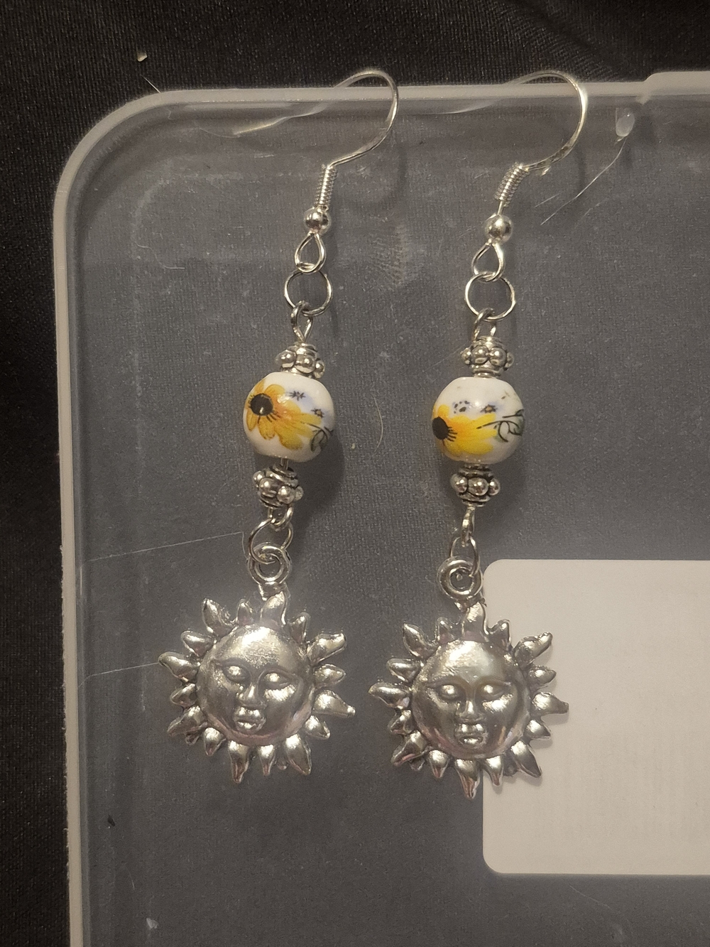 Silver Dangle Earrings with Sunflower Beads & Sum CHARMS